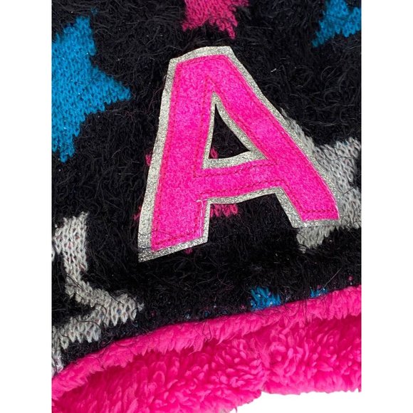 Justice Girl’s Letter A One Size Pom Pom Hat Sherpa Lined Stars Black Blue Pink - Picture 2 of 5
